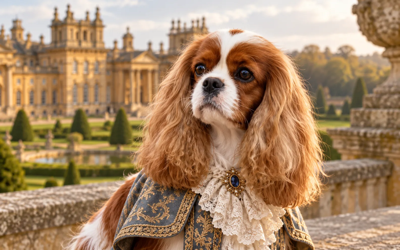 Cavalier King Charles Blenheim en tenue aristocratique du XVIIIe siècle, avec une petite pastille châtain au sommet du crâne, devant le palais de Blenheim en Angleterre.