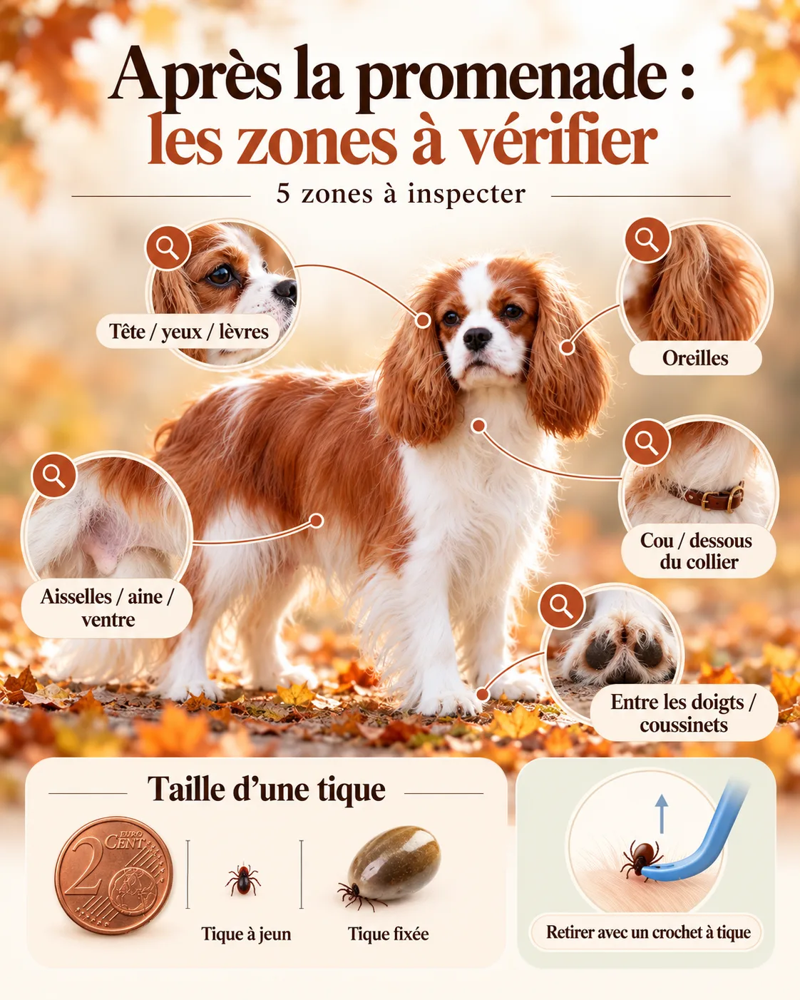 Infographie montrant les cinq zones à inspecter sur un Cavalier King Charles après une promenade et la taille d'une tique