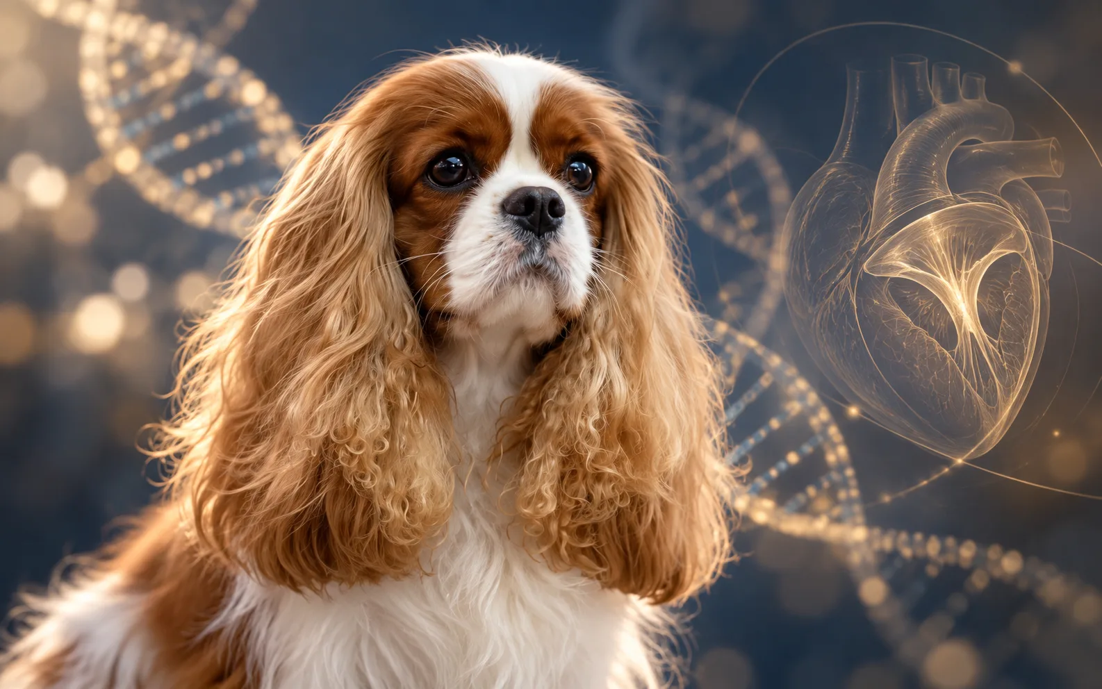 Cavalier King Charles Blenheim devant une représentation stylisée d'une double hélice d'ADN et d'un cœur, illustrant les recherches génétiques sur la MMVD.
