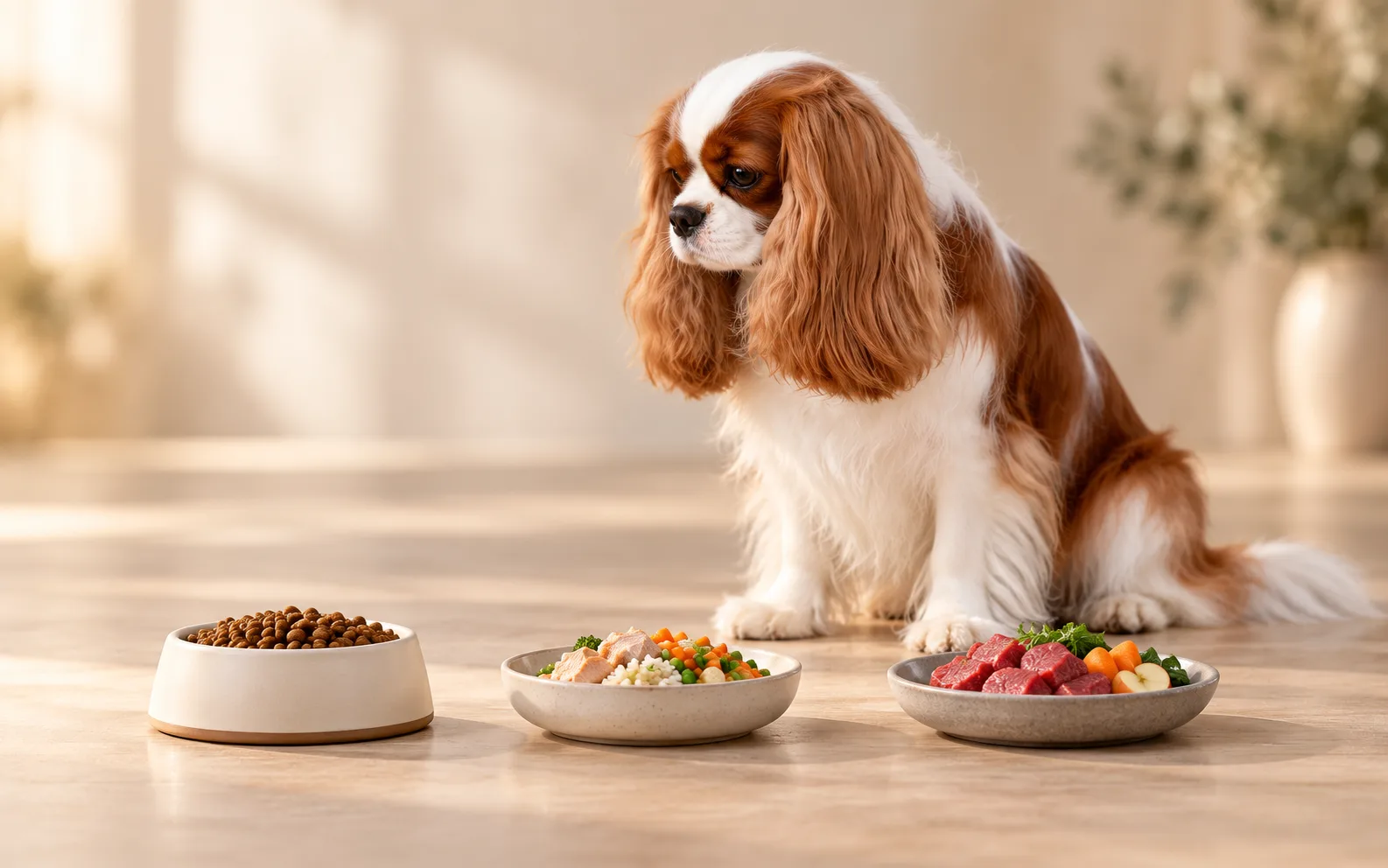 Cavalier King Charles Blenheim devant trois types d’alimentation : croquettes, ration ménagère et alimentation crue.