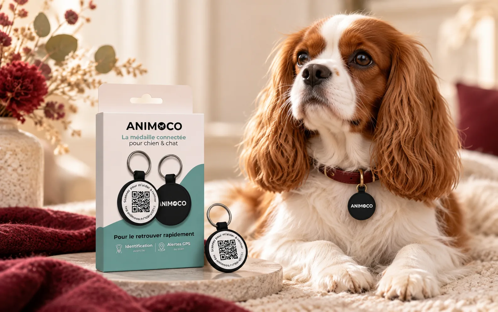 Cavalier King Charles Blenheim portant une médaille connectée Animoco, présenté à côté de son emballage et d’une médaille avec QR code.